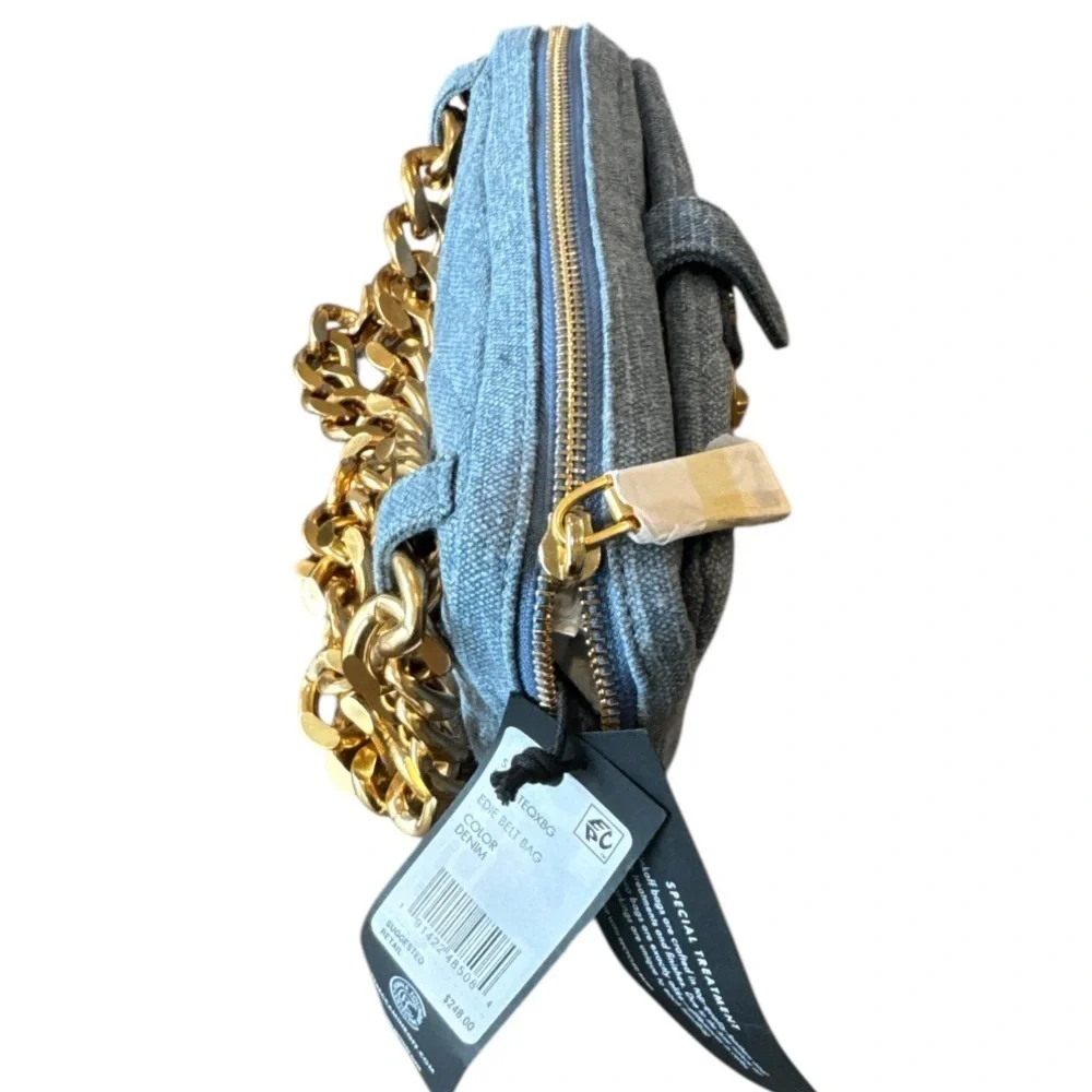 Rebecca Minkoff Eddie Blue Denim Chevron Quilted Gold Chain Belt Bag NWT